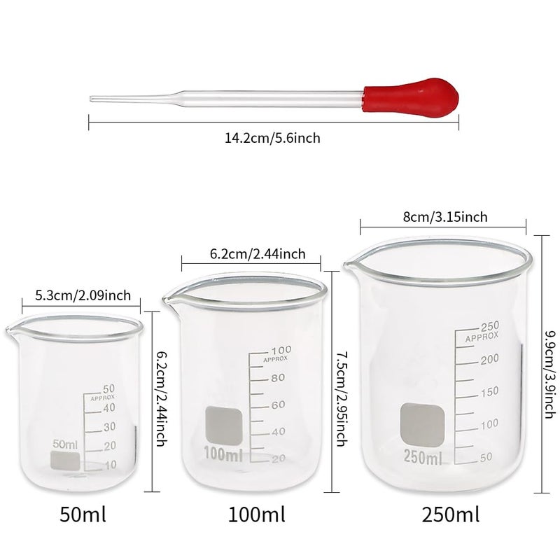 SUPERLELE Glass Graduated Cylinder Set 10ml 25ml 50ml 100ml, Thick Glass Beaker Set 50ml 100ml 250ml with 2 Droppers - Image 3